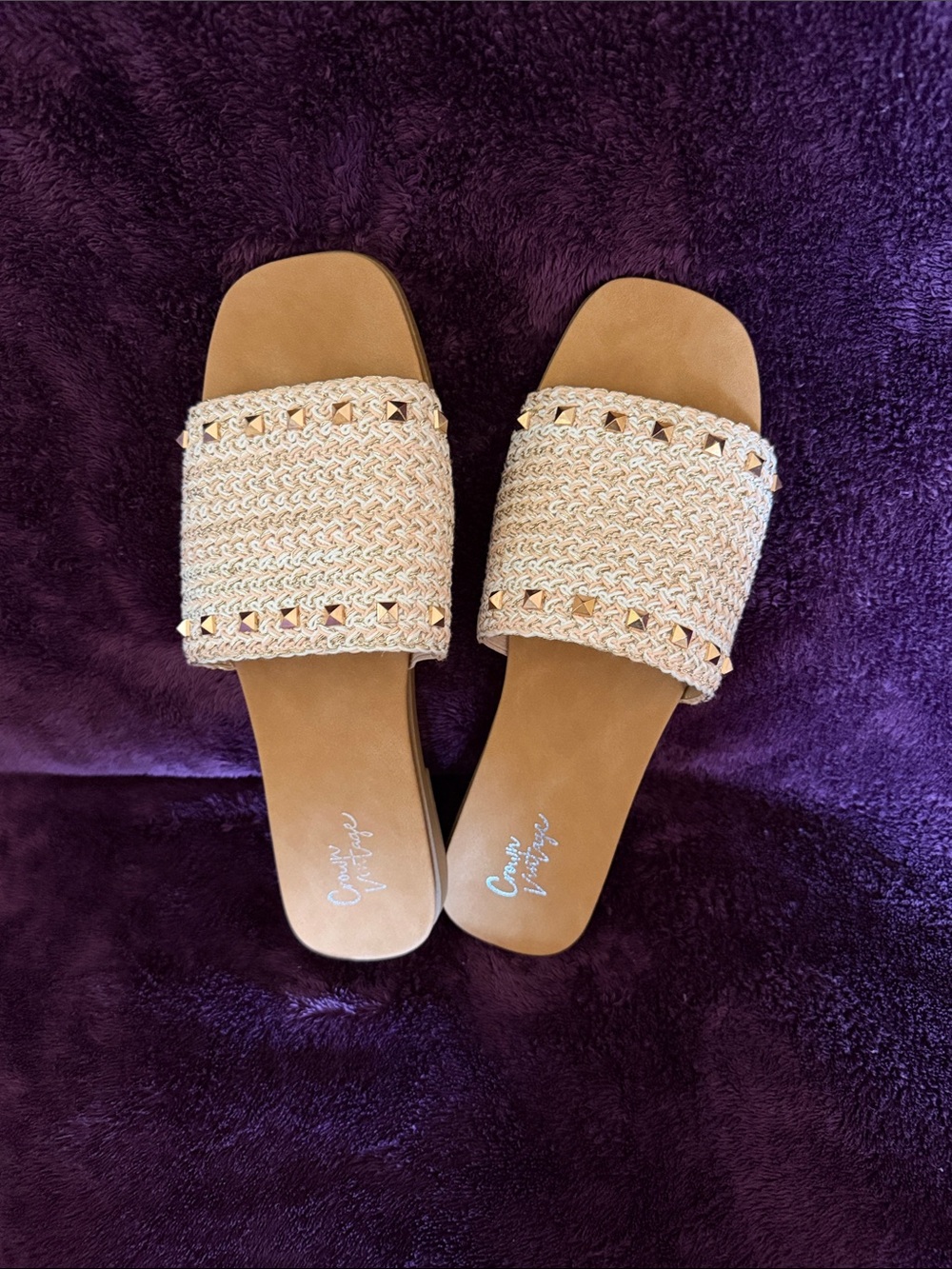 New Crown Vintage Beige Braided Slide Sandals with Stud Detail